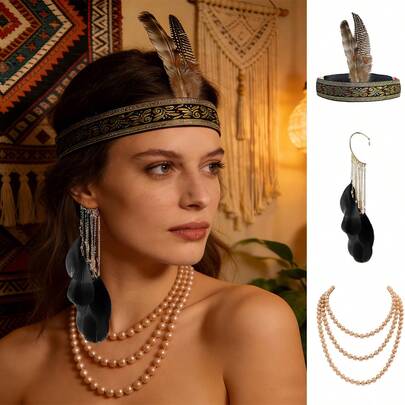 3pcs Bohemian Feather Headband Set, Theme Party Costume, Music Festival Outfit, Art Exhibition Styling, Stage Play Character Dress Up, Bridesmaid Wedding Accessory