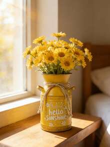 Vintage Sunshine Yellow Iron Vase. The Warm Yellow Tone Echoes The Sunny Slogan, Making The Vase Full Of Vitality, As If It's A Lively Little Item Brought Back From A Seaside Market. Inserting African Marigolds Can Create A Vibrant And Sunny Balcony Focal Point, While Using Plumeria Can Evoke A , Relaxing Vacation Feel, Suitable For Various Energetic Settings. - Double-eared Pot - View 5
