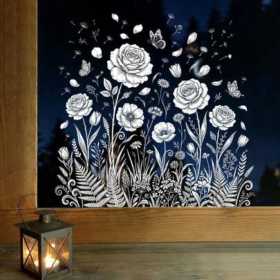 1/3 قطعة ملصق نافذة كهروستاتيكي للعيد. PVC قابل للإزالة ومقاوم للماء. بتلات الورد والعباد الشمس والهندباء في نمط مدفوع بالرياح. مناسب لديكور غرفة النوم والمنزل.