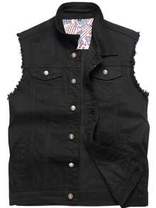 Keevoom Men's Black Denim Vest Vintage Casual Jean Jacket Sleeveless Outerwear - 黑色 - 查看 11