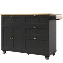 Modern Kitchen Island, Kitchen Cabinet, Sideboard, Dining Trolley With Wood Grain, Buffet Cabinet, Multifunctional Dining Table With Storage Space, Dining Trolley With Extendable Cabinets, Black - Black + MDF - View 5