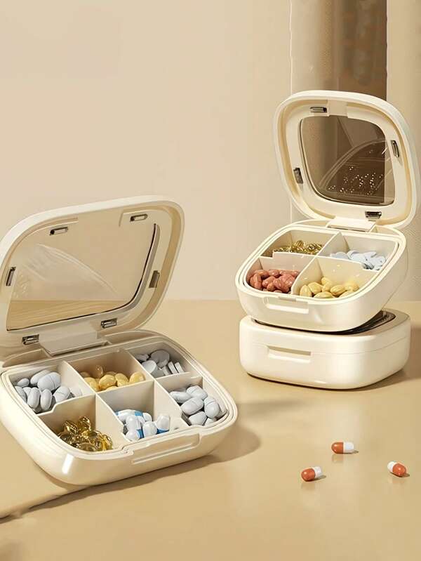 1pc Four-Compartment Pill Box, Refined,Square Storage Box,Travel Portable Pill Storage Box, Medicine Dispensing Box, Large-Capacity Pill Box, Portable Medicine Dispensing Storage Box, Four-Compartment,Organizing Daily Medications And Pills,Storing Exquisite Small Jewelry And Additions,Travel Pill Organizer,Medication Partition Box,Large-Capacity Medicine Box,For Vitamins, First Aid Kits, For, Office, , Emergency Preparedness - Durable Portable Drug.