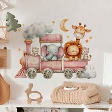 1 hoja de pegatinas de pared con diseños de tren de animales lindos con maquinista gato y elefante, jirafa, león, tema de dibujos animados, calcomanías de animales extraíbles y adhesivas para decoración de dormitorio, sala de estar, tema de la selva - A - Ver 6