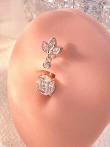 镀金弯杆肚脐环，医用不锈钢镶嵌闪亮锆石花朵，女士穿刺饰品，日常佩戴及节日礼物 - 彩色 - 查看 1