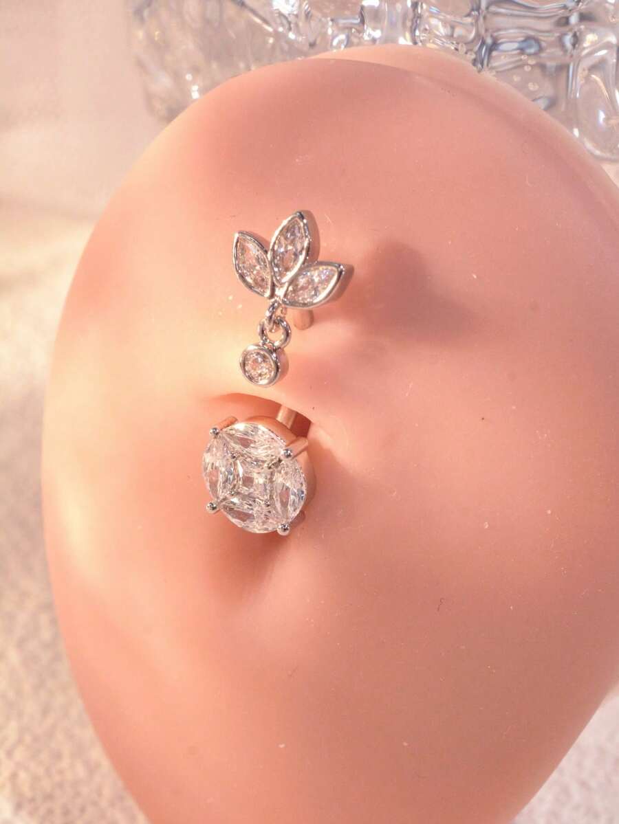 镀金弯杆肚脐环，医用不锈钢镶嵌闪亮锆石花朵，女士穿刺饰品，日常佩戴及节日礼物 - 彩色 - 查看 1