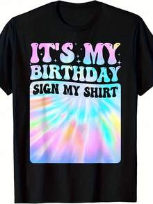 Camiseta Retro para Hombre y Mujer "Es Mi Cumpleaños, Firmame la Camiseta" - Camiseta de Manga Corta de Cuello Redondo de 220 g/m² de Peso Pesado con Diseño de Fiesta de Cumpleaños, Espacio para Nombre/Mensaje y Estampado de Arcoíris - Atuendo Casual de Cumpleaños Unisex para Adultos (Apta para Todas las Temporadas) - Negro - Ver 2