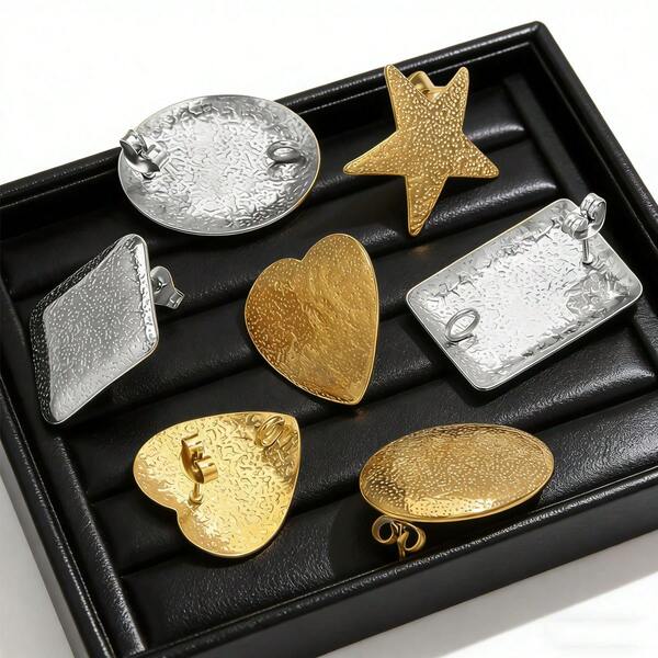 10pcs Stainless Steel Fashion Embossed Star Oval Rectangular Earrings With Earplugs, Suitable For Home Handicraft DIY Earrings Jewelry Making, Suitable For Ladies To Wear