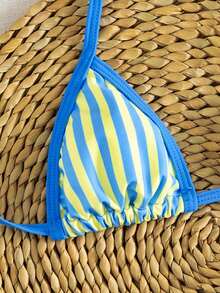 New Solid Color Halter Tie Elegant Sexy Micro Triangle Bikini Set, Summer Beach Fashion Swimwear For Women Vacation - Yellow and Blue Stripes - View 5