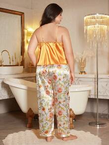 Conjunto de pijama feminino plus size vintage com blusa regata e calça floral, tecido macio e sedoso para relaxar. - Multicolorido - Ver 2