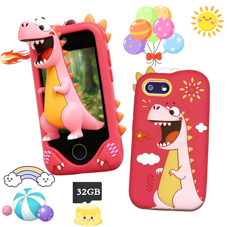 2,8 pulgadas Teléfono inteligente de juguete para niños HD, cámara dual, video selfie, tarjeta de almacenamiento de 32GB, juegos educativos, batería de larga duración, funda protectora con diseño de dinosaurio, mejor regalo para niños y niñas