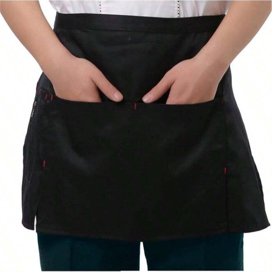Kitchen Restaurant Waist Aprons With 3 Large Pockets Women Men, Half Short Apron Server Waiter Waitress 1, Black - Đen + 1 - Xem 1