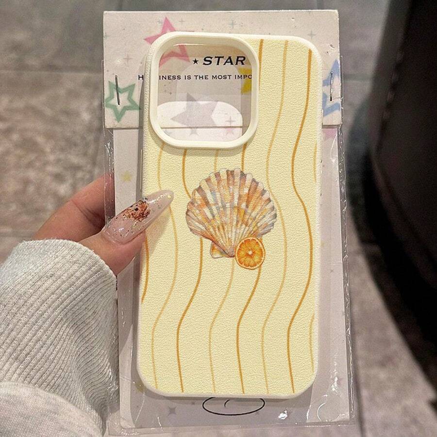 1pc TPU Material Warm Yellow Patterned Seashell & Orange Design Phone Case Compatible With Apple 17 Pro Max/17/16 Pro Max/15/13/12/11, S20 FE/A15/S24/A55, Note 11/12/13 Pro, Full Coverage Anti-Drop Soft Protective Phone Cover - White - View 1