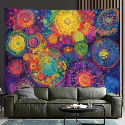 1pc Mandala Colorful Abstract Intricate Pattern Background Fabric, Polyester, Vintage Style, Decorative Hanging Tapestry, Suitable For Home And Kitchen Decor.