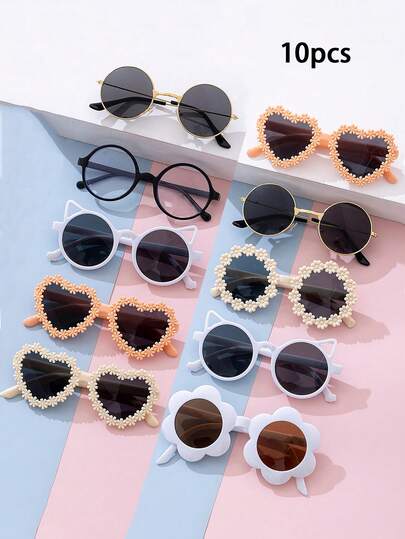 10副时尚儿童眼镜，款式多样，图案丰富，适合度假、旅行、海滩、户外活动、节日等场合佩戴。可爱儿童防晒时尚眼镜。