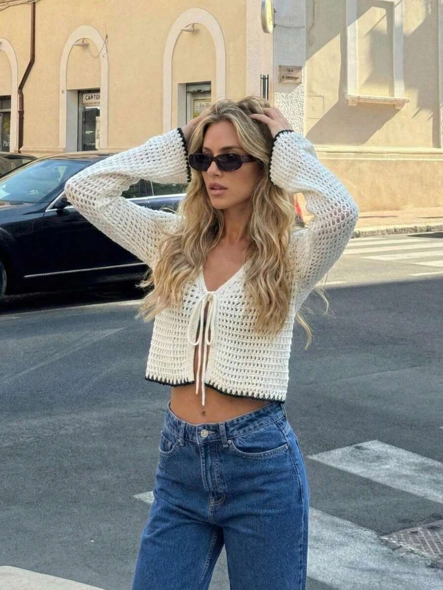 女士基本款半透明短款针织罩衫，长袖系带镂空休闲毛衣 - 杏色 - 查看 1