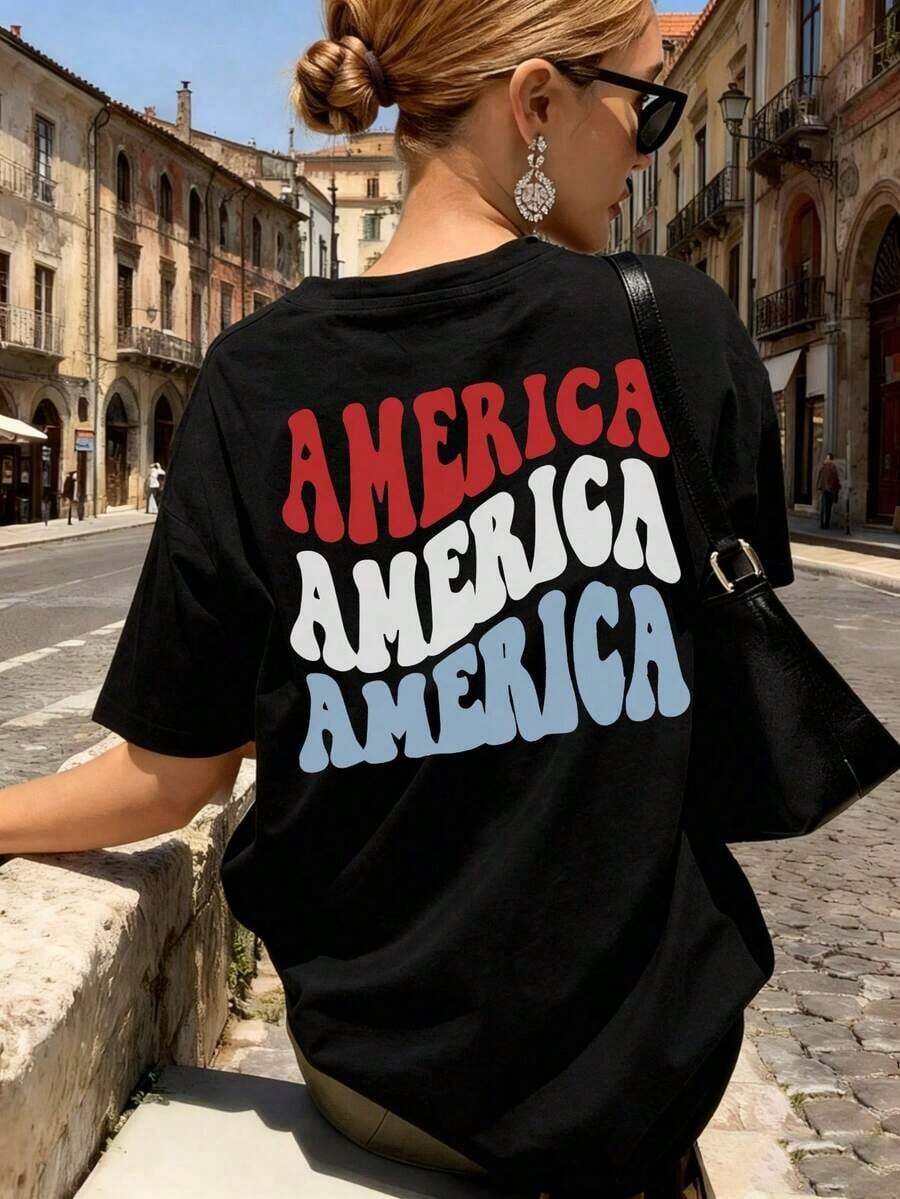 Ladies' Summer Letter Printed Round Neck Loose Casual T-Shirt With Off Shoulder Sleeves. Graphic Tees Women Black Top Vacation Outfits Women - 黑色 - 查看 1