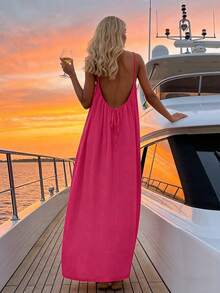 Vestido largo sexy de tirantes finos para mujer, de color liso, sin espalda, holgado, estilo imperio, sin mangas, novedad de verano 2026 - Rosa oscuro - Ver 4