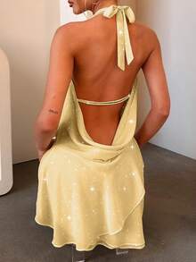 Women's Sleeveless Halter Mini Dress Sequins Ruffle Hem Short Dresses Back Backless Deep V A-line Club Party Dress - Amarillo - Ver 3