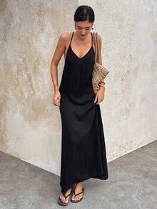 Women's Backless Metal Buckle A-Line Flare Hem Dress, Suitable For Vacation, Party, Gathering In Spring And Summer - Black - View 4