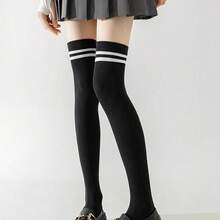 1 Pairs Women Knitted Thigh High Socks, Striped Tight Fit Over The Knee Long Socks, Warm Socks, Suitable For Daily Wear, Cosplay, Y2k, Cozy - 1PC - 查看 5