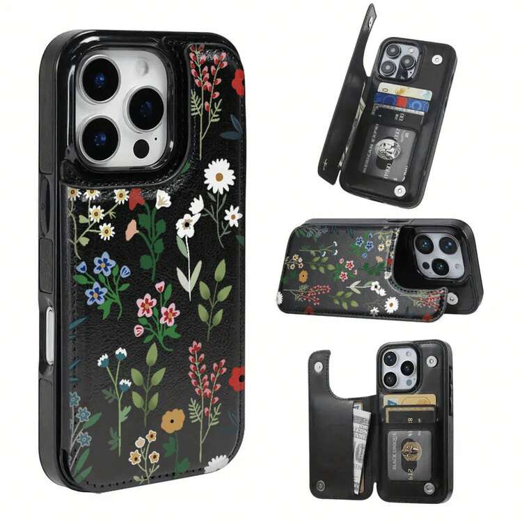 Funda con solapa negra y rosa para iPhone 12, 13, 14, 15, 16, PRO, PRO MAX, MINI, PLUS – Incluye ranuras para tarjetas de crédito y soporte para llaves, funda de teléfono tipo billetera - Rosa - Añade 1