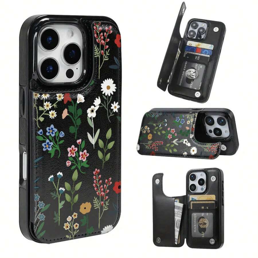 Funda con solapa negra y rosa para iPhone 12, 13, 14, 15, 16, PRO, PRO MAX, MINI, PLUS – Incluye ranuras para tarjetas de crédito y soporte para llaves, funda de teléfono tipo billetera - Rosa - Ver 1