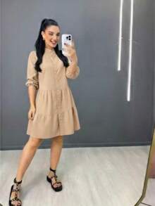 Women's Striped Midi Dress With Shirt Collar And Bishop Sleeves, Casual, With Buttons, Asymmetrical Hem, Summer And Beach. - Màu Khỏa thân - Xem 3