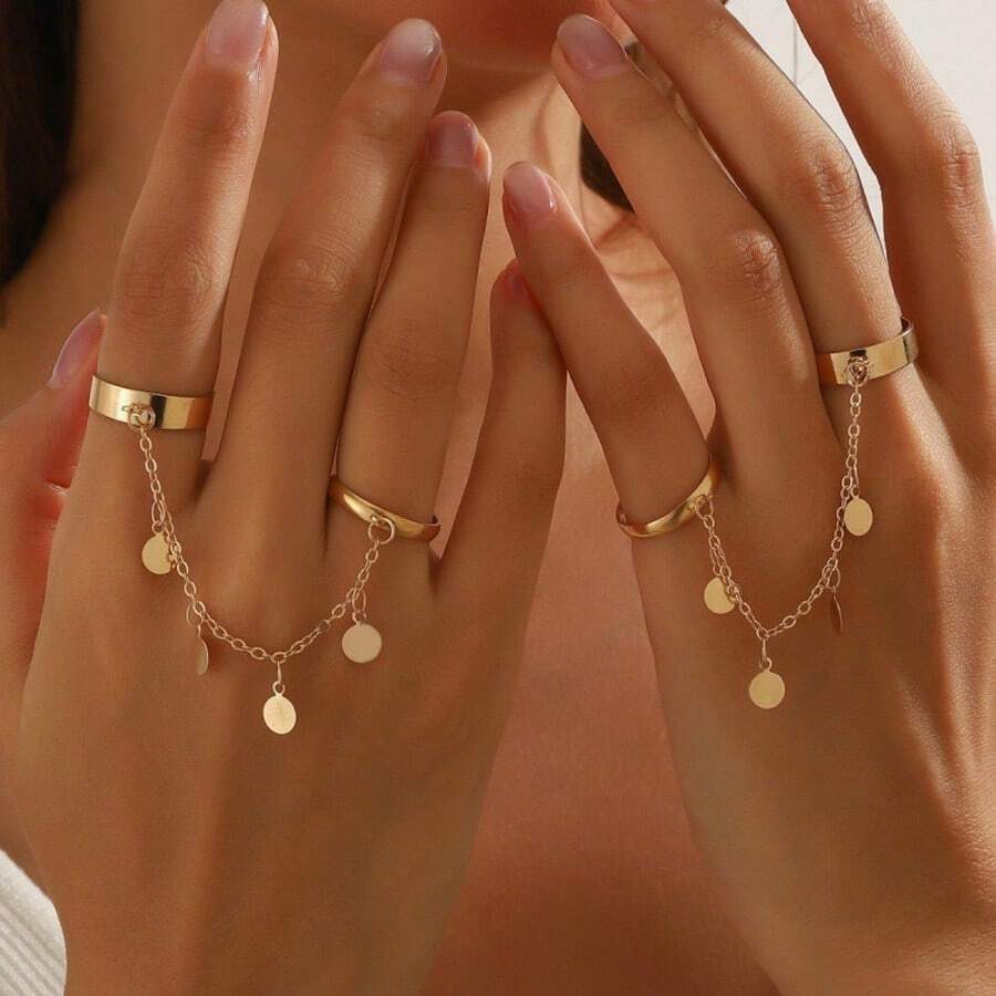 European And American Cross-Border Fashion Linked Finger Ring, Personalized Round Disc Tassel Chain Ring, Popular Jewelry - Ring - View 1