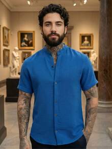 Men's Short-Sleeve Mandarin Collar Dress Shirt – Premium Quality, Perfect Fit, Lightweight And Cool Fabric, Easy To Iron, Stylish Summer - 霧霾藍 - 查看 1