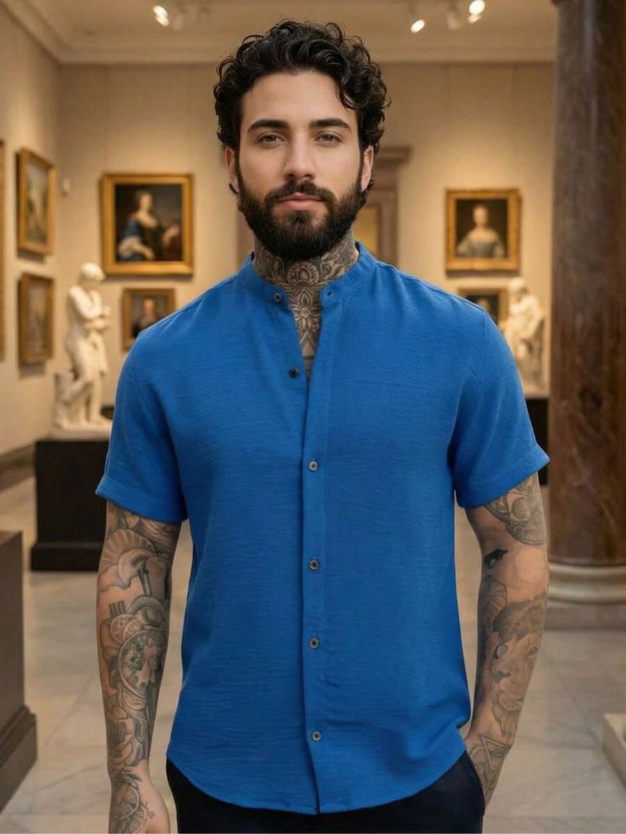 Men's Short-Sleeve Mandarin Collar Dress Shirt – Premium Quality, Perfect Fit, Lightweight And Cool Fabric, Easy To Iron, Stylish Summer - 霧霾藍 - 查看 1