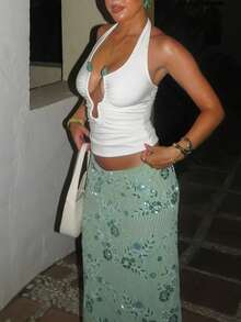 Women's Summer Vacation Beach Metal Sexy Ruched Halter Neck Crop Top - White - View 4