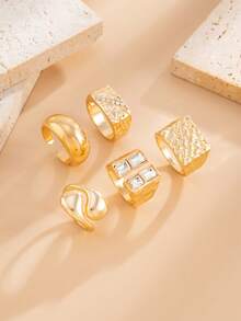 5pcs/Set Elegant Geometric Square Rhinestone Charm Metal Open Teardrop Ring Set, Luxurious Jewelry For Wedding, Party, Vacation, Daily Casual, Street Style, Women & Couples Gift - Ring - View 6