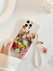 Cute Cat Painted Perforated Beige Painted With 5-Leaf Rope Simple Fashion Creative Anti-Drop Phone Case, Compatible With IPhone, Compatible With Samsung Galaxy, Compatible With Xiaomi, Compatible With - Multicolor - View 2