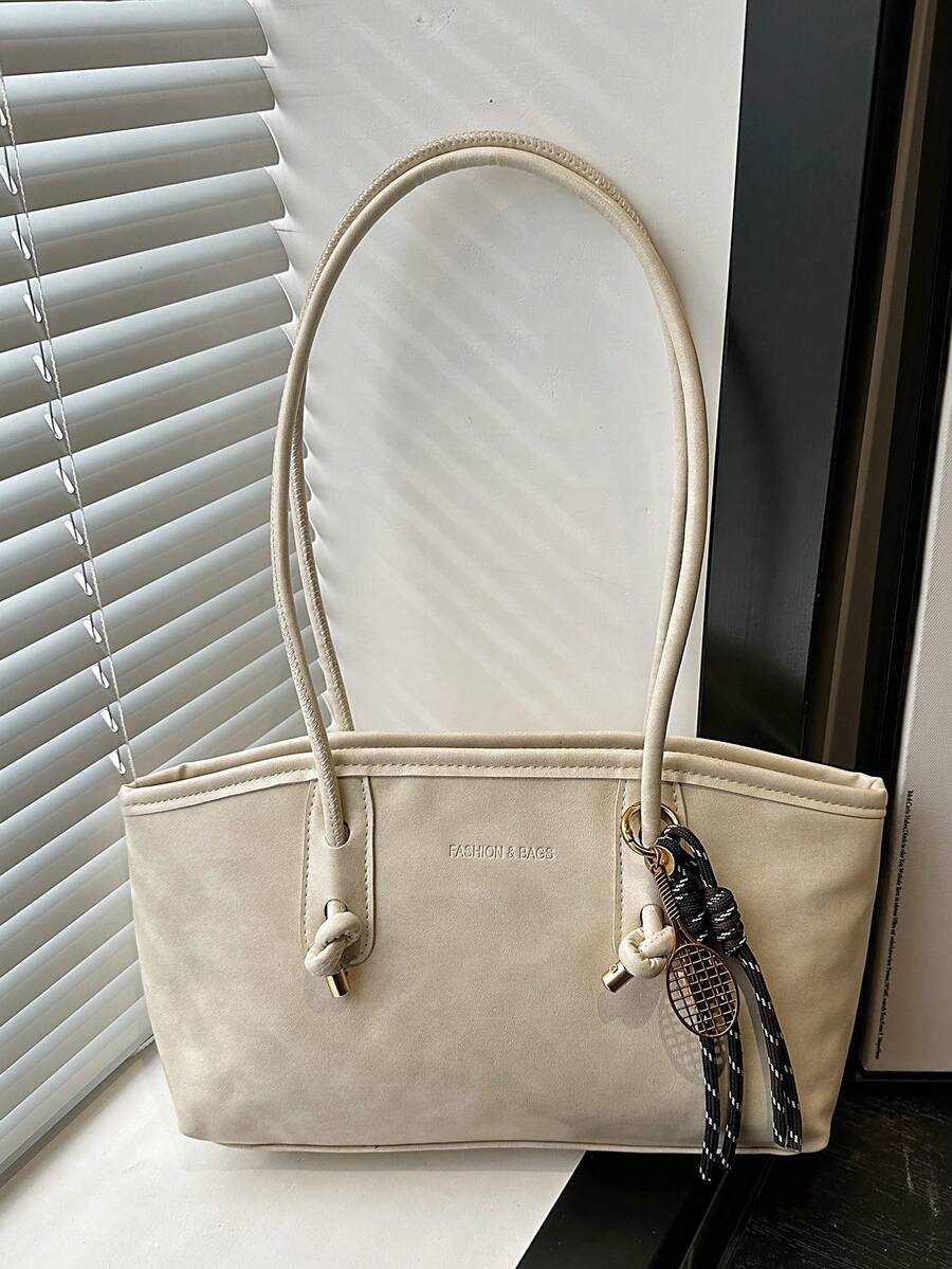 1PC Soft Long Tote Bag With Dual Same-Material Long Shoulder Straps, Knot Metal Closure Decor, Badminton-Shaped Woven Strap Charm, Embossed Letter Logo, Gentle Girl Style Commuter Knot Handbag Design, Convertible Shoulder And Underarm Two-Way Bag, Versatile College Style Commuter School Bag For Women Soft Long Tote Bag Long Dual Handle Shoulder Bag