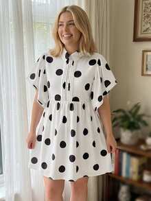 Women Polka Dot Ruffle Sleeve Collared Mini Dress Button Down V Neck Ruched Babydoll Sundress Going Out Short Dresses - 白色 - 查看 5