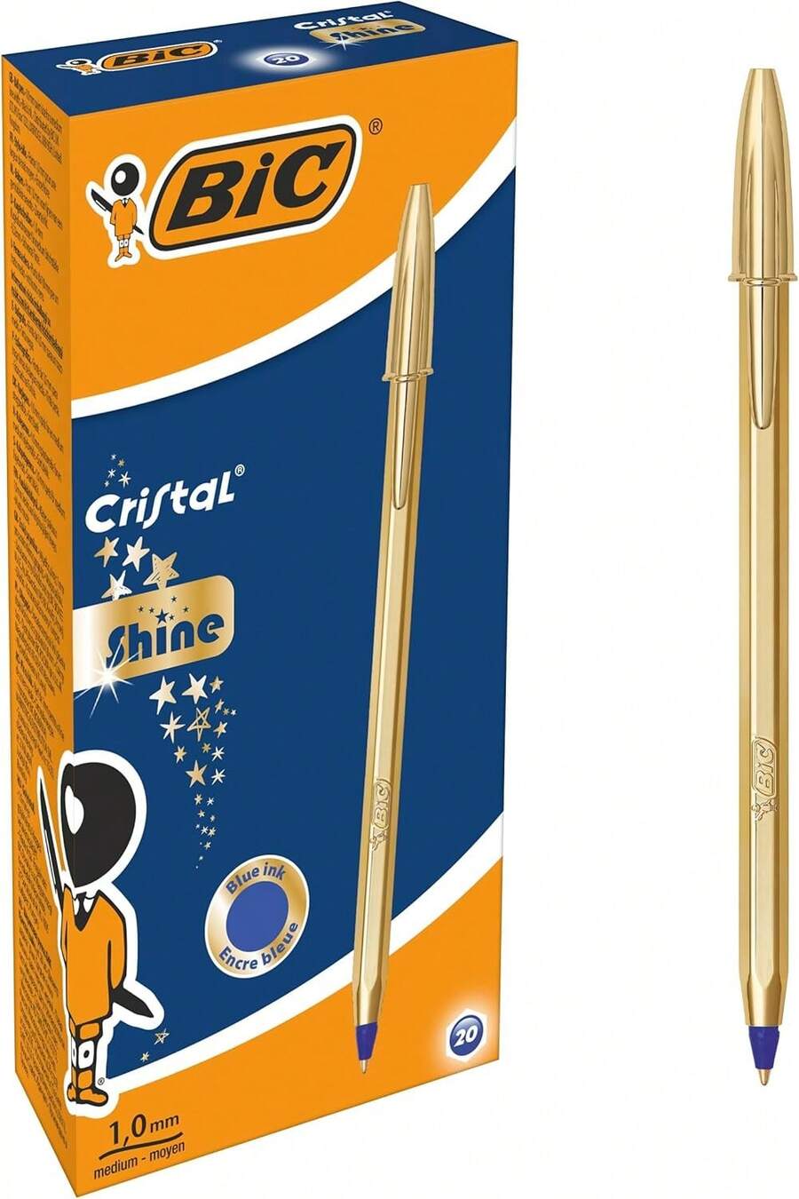BIC Cristal Shine 金色原子筆,中型筆尖 (1.0 mm) - 藍色墨水,金色筆桿,油性墨水。可選 5 支/10 支/20 支裝,適合日常使用。品質保證。 - BIC SHINE ORO - 查看 1