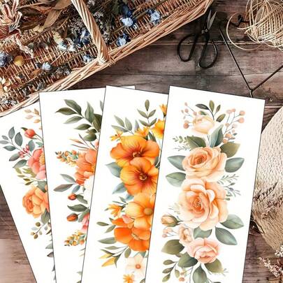4pcs UV DTF Orange Floral Decorative Furniture Transfer Stickers 24X11CM - Peony Transfer Decals For Home Decor, Plastic, Easy To Apply, Perfect For Furniture & Home Decoration, Furniture Decoration | Floral Pattern Stickers | Plastic Stickers, Furniture Decorations