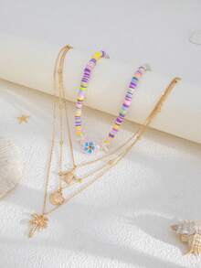 2pcs/Set Seaside Holiday Style Starfish, Shell, Plumeria Pendant Necklace, Elegant Luxury Vacation, Casual Daily, Party, Couple Date, Women's Festival Birthday Versatile Jewelry Gift - Necklace - View 7