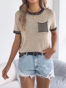 Women's Summer Color Block Striped Knit Top Short Sleeve Round Neck Pocket Beach Vacation Pullover - Màu Khaki - Xem 5
