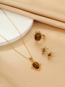 4pcs Stainless Steel Vintage Tiger Eye Jewelry Set, Suitable For Women Wear Or Gift - Yellow Gold - View 4