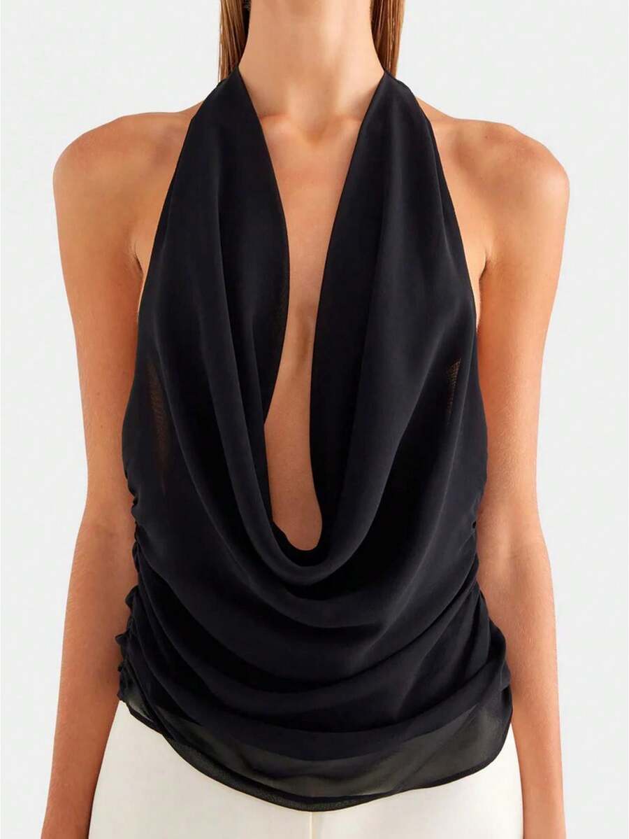 2026 Halter Tops For Women Going Out Tops Summer Cowl Neck Draped Front Backless Top Basic Vacation Clothes Crop Vest Tops - Black - View 1
