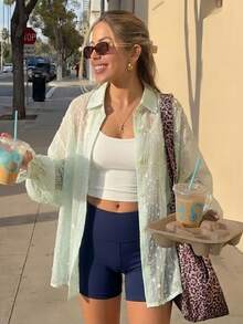 1pc Women's Lightweight Sheer Green Long Sleeve Cardigan Shirt Jacket, Suitable For Beach, Vacation, Daily, Date, Holiday Occasions, Summer Shirt, Beautiful Women's Vacation Style Top, Women's Vacation Wear. Elegant Women's Office Attire, Women's Holiday Outfit, Women's Date Night Outfit, Women's Elegant Top, Summer Casual Women's Wear, Women's Beach Outfit, Women's Vacation Outfit - Green - View 2