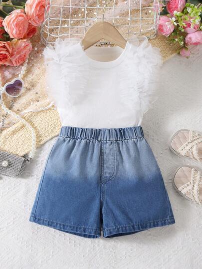 2pcs/Set Toddler Girls' Casual Y2K Retro Striped Mesh Patchwork Round Neck Mesh Sleeve White Tank Top And Ombre Distressed Denim Shorts, Suitable For Back To School, Commuting, Park Outing, Family Travel, Outdoor Vacation, Stage Performance, Birthday Party, Spring/Summer