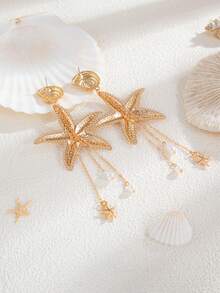 2pcs/Set Metallic Seashell, Starfish & Faux Pearl Tassel Pendant Earrings, Luxurious & Elegant, Suitable For Wedding, Party, Beach Vacation, Casual Daily Wear, Street Style Photography, Unisex Gift - Earring - View 6