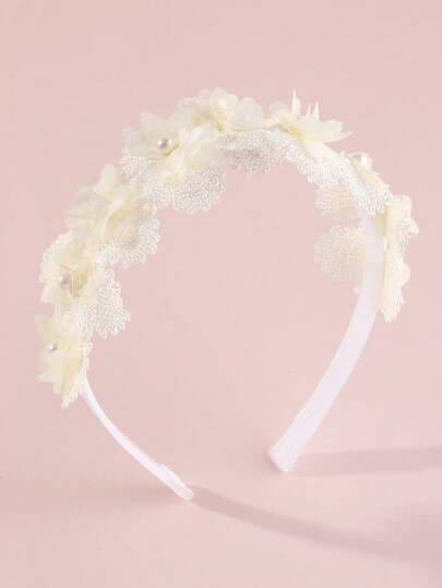 1pc Women's Fashion Elegant Milky White Flower Pearl Lace Butterfly Headband, Suitable For Daily, Festival, Ramadan, Party, Event Decoration
