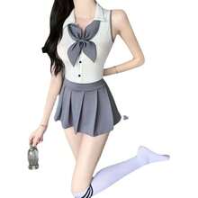 1piece Seductive School Uniform Bodysuit In Sleek Grey, Designed With A Daring Backless Cut & Classic Pleated Accents To Masterfully Blend Youthful Allure With Sensual Elegance For Themed Evenings & Romantic Celebrations. - 白色和灰色西裝 + 白色和藍色學生襪 - 查看 8