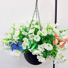 1 Set Artificial Morning Glory Hanging Basket With Plastic Planter And 3pcs Artificial Butterfly - Outdoor Patio & Garden Decor, Ready-To-Hang For Porch, Fence, Wall | Gift For Mother's Day, Valentine's, Wedding - A - View 9