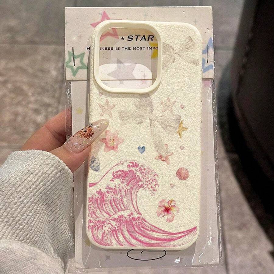 Ocean 1pc TPU Material Sweet Pink Wave Floral Starfish Bow Design Phone Case Compatible With IPhone 17 Pro Max/17/16 Pro Max/15/13/12/11, S20 FE/A15/S24/A55, Note 11/Note 12/Note 13 Pro, Full Coverage Anti-Drop Soft Protective Phone Cover - White - View 1