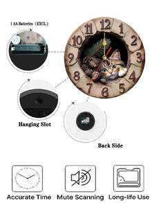 1 Peça Relógio de Parede de Madeira Fofo de Gato Tabby e Pinha de 10"/12" - Silencioso Sem Tique-Taque Operado a Bateria (Pilha AA Não Incluída) - Estilo Vintage Fazendeiro para Sala de Estar, Cozinha, Banheiro - Multicolorido - Visão 7