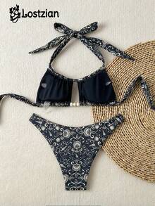 Lostzian 2026春夏性感比基尼泳衣，舒适涤纶面料，波西米亚风印花，黑黄撞色串珠装饰，抽绳系带露背泳衣，高衩性感泳裤，适合海滩度假泳池派对、情人节嘉年华等休闲优雅场合。关注店铺。 - 彩色 - 查看 2